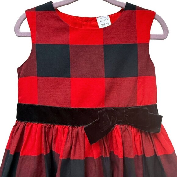 CARTER'S Holiday Dress 24 mos Baby Girls Buffalo Check Red Black Bow Christmas - Picture 2 of 9